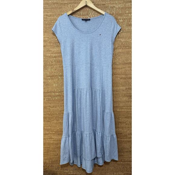 Tommy Hilfiger Tiered Midi Dress Flowy Chambray Heather Size Large - Picture 3 of 8